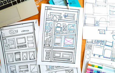 web design a website wireframe sketch  - obrazy, fototapety, plakaty