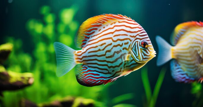 Captivating Views of Symphysodon Discus in a Verdant Aquarium Setting