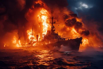Poster Burning battle ship is on fire on sea water at night © evannovostro
