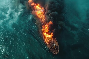 Aerial view of burning oil tanker under dark smoke