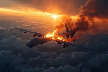  Burning plane type military drone is falling down under dramatic sky © evannovostro