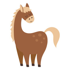 cute funny brown horse isolated on white, cartoon flat vector illustration, domestic pet, farm animal