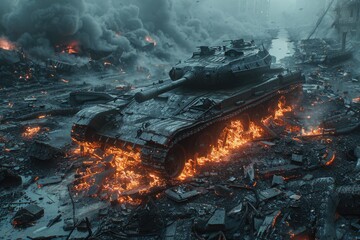 Destroyed tank from the Second World War period burns with black smoke in the dark