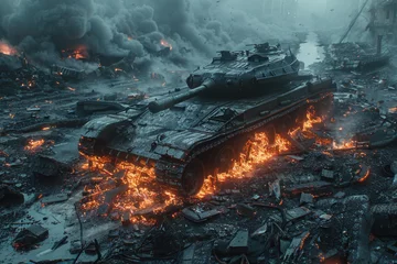 Deurstickers Destroyed tank from the Second World War period burns with black smoke in the dark © evannovostro
