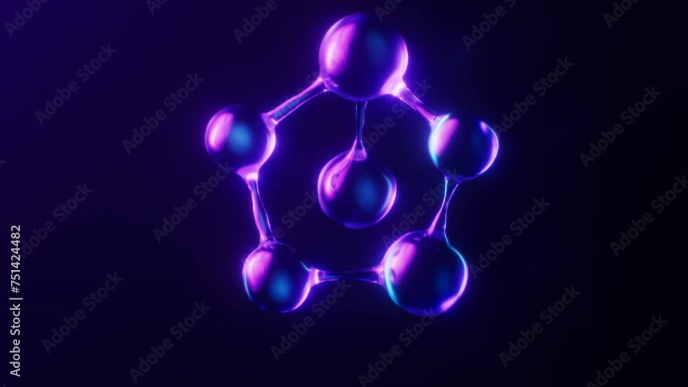 Poster loop animation of molecule with dark neon light effect, 3d rendering.