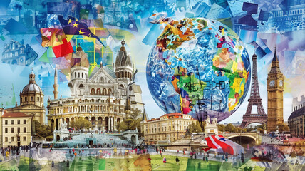 A vibrant collage of European landmarks forming a football, symbolizing unity and passion for the sport across Europe. Cultural diversity in every stitch.