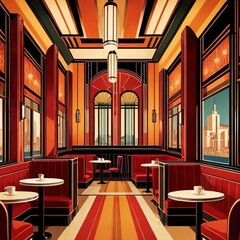 Interior of cafe coffee shop restaurant, retro art deco vintage illustration