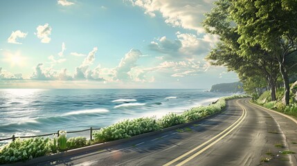 Fototapeta premium Oceanfront Retreat: An idyllic 3D concept featuring a car journey along a coastal road, where the background showcases a peaceful ocean view, blending the road trip with the serenity of the sea