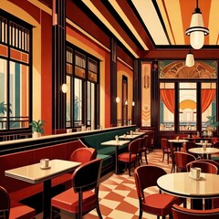 Fototapeta na wymiar Interior of cafe coffee shop restaurant, retro art deco vintage illustration