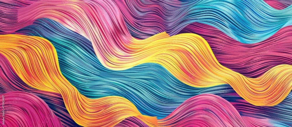 Poster this painting features a vibrant mix of wavy lines in hues of pink, yellow, and blue. the lines flow