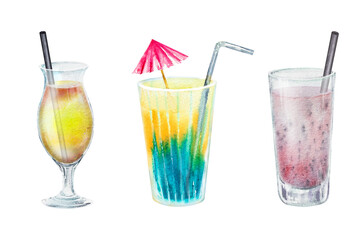 Summer cocktail set, glass glasses and glasses with colorful drinks. Hand drawn watercolor illustration for recipes for alcohol lists with drinks.