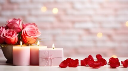 The Warmth of Burning Candles Amongst Fresh Roses with a Gift Box on a Romantic Table