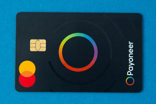 Payoneer credit card. Master Card. Global international payment system. Ukraine, Kyiv - February 4, 2024.
