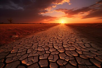 a cracked ground with a sunset in the background - obrazy, fototapety, plakaty