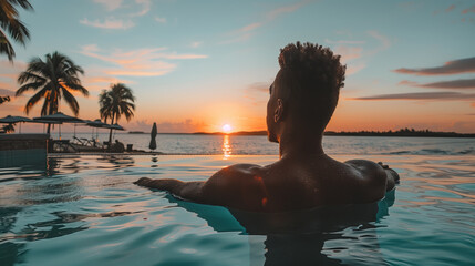 A person relaxing in a swimming pool at sunset with palm trees in the background. Ai generative illustration - obrazy, fototapety, plakaty