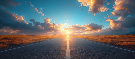 highway in the grassland background of blue sky and bright clouds