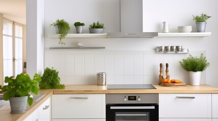 A Minimal White Kitchen Interior Brightened by a Silver Cooker Hood and Wooden Details - obrazy, fototapety, plakaty