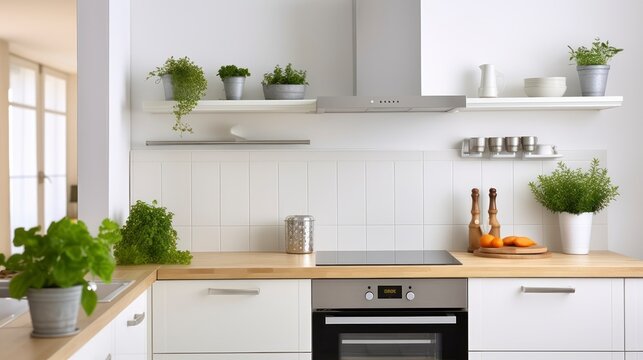 A Minimal White Kitchen Interior Brightened by a Silver Cooker Hood and Wooden Details