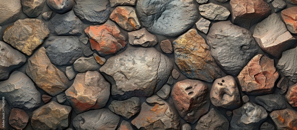 Poster the rock wall in the image is solidly built using a combination of rocks and cement, showcasing a bl