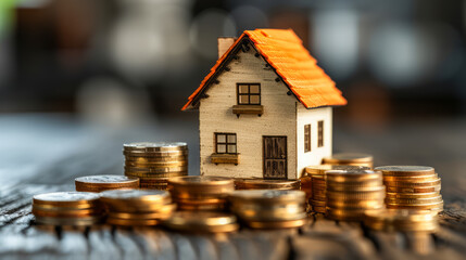 A small house model surrounded by piles of coins, suggesting a concept of home investment. Ai generative illustration