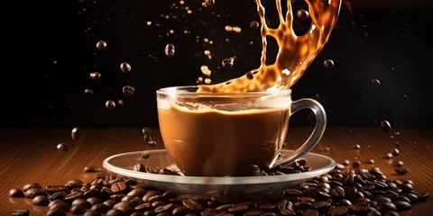 Gartenposter Splash of cappucino coffee on cup and beans © Coosh448