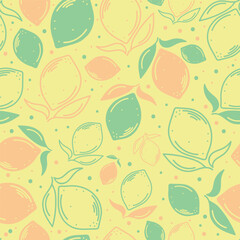 Seamless vector drawing with lemons and foliage. Hand drawn lemon fruits. Botanical print on fabric, textile, wrapping paper. Harvesting lemons.
