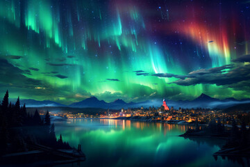 Beautiful Aurora lights in starry night sky over the city. Aurora borealis over the sky at islands. Night winter landscape with colorful scene, night of city with light.