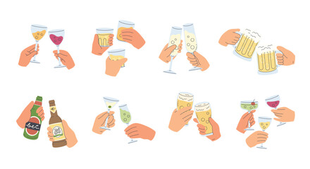 Cheers! hands holding refreshing drinks, fruit juice, beer, cocktail, champagne, whiskey, soda. Celebrating holiday with toasts. Flat cartoon style vector illustration isolated on white background