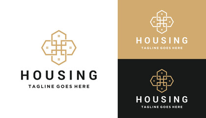 Golden House with Luxury Elegant Rotating Monogram Line Art Logo Design