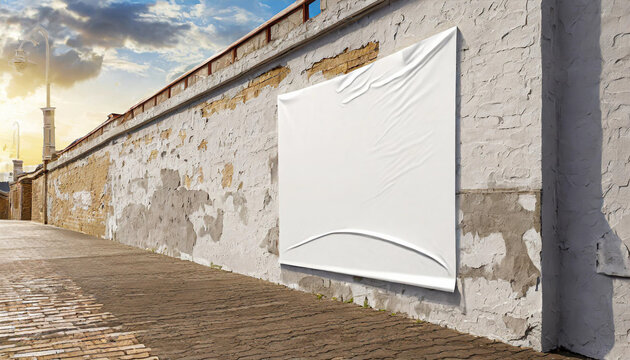 Creased Clear mockup glued sticker advertising 3d propaganda adhesive textured affiche wall art Blank mock Empty white canvas street rendering poster wheatpaste urban .