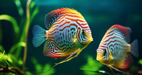 The Gentle Beauty of a Symphysodon Discus in an Aquarium Mirroring a Green Haven