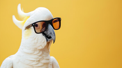 
White cockatoo parrot with sunglasses in close-up. Domestic pet bird against solid pastel yellow background.
