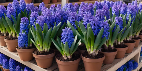 Many blue violet flowering hyacinths in pots are displayed on shelf in floristic store or at street market. Early spring, landscape gardening - obrazy, fototapety, plakaty