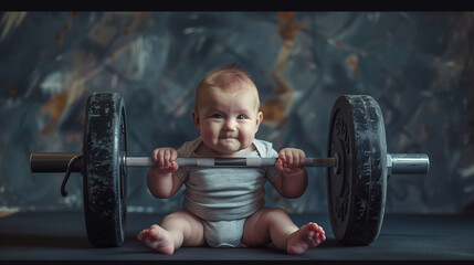 Baby, Infant lifting a heavy barbell with a humorous twist against a dark background.
