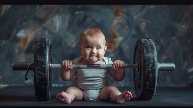 Baby, Infant lifting a heavy barbell with a humorous twist against a dark background.