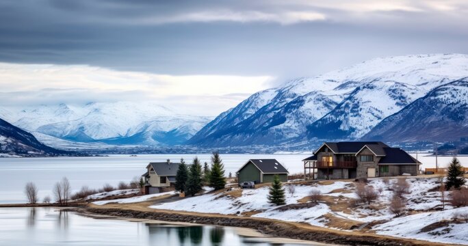 Valley Homes Overlooking a Serene Lake with Snowy Mountains Under an Overcast Sky