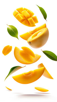 Mango fruits and mango slices levitating in air on white background 