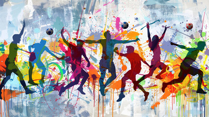 players dynamic celebration dance, vibrant graffiti art style, urban flair backdrop