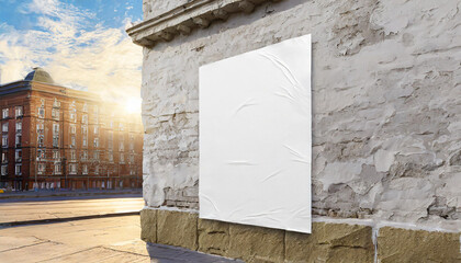 Creased Clear mockup glued sticker advertising 3d propaganda adhesive textured affiche wall art Blank mock Empty white canvas street rendering poster wheatpaste urban . - obrazy, fototapety, plakaty