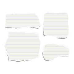 Set of torn pieces of lined paper isolated on a white background.