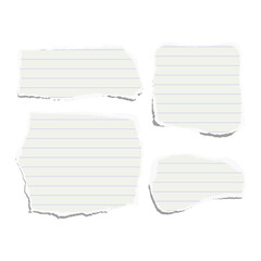 Vector set of torn pieces of lined paper isolated on a white background.