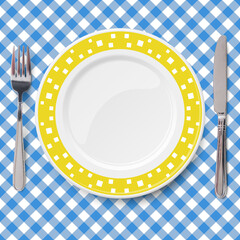 Yellow dish with pattern of chaotic white pattern placed on blue check classic table cloth - 751427693