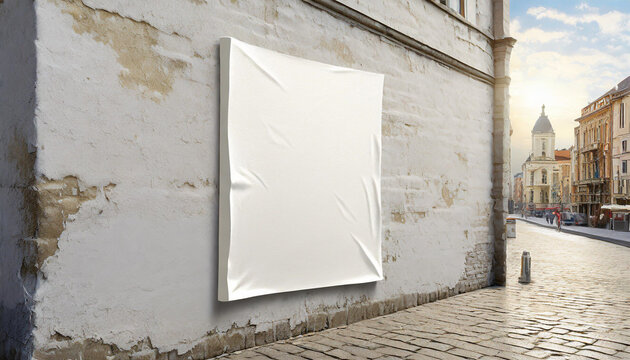 Creased Clear mockup glued sticker advertising 3d propaganda adhesive textured affiche wall art Blank mock Empty white canvas street rendering poster wheatpaste urban .