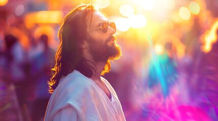 Jesus Christ in modern attire with sunglasses, radiating love and peace, addressing a crowd amid colorful light rays.
