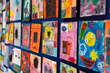 A collage of children's paintings artwork displayed in an exhibition on Children's Day