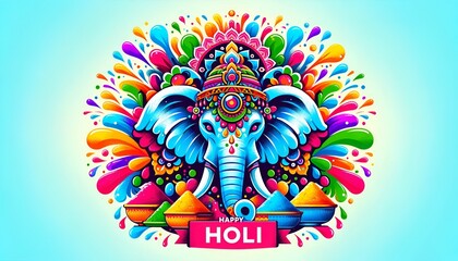 Illustration of holi banner with a stylized elephant and colorful splatters.