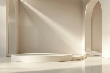 Sublime podium bathed in soft ambient light, embodying pristine minimalism with an elegant touch