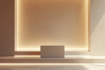 A pristine and minimalist podium, bathed in soft ambient light