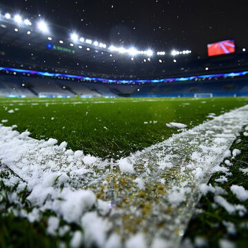 winter theme, snow-dusted pitch, players breath visible, chilly match day