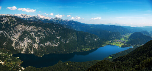Naklejka na ściany i meble Lake Bohinj in summer, famous travel destination in Triglav national park in Slovenia, aerial shot